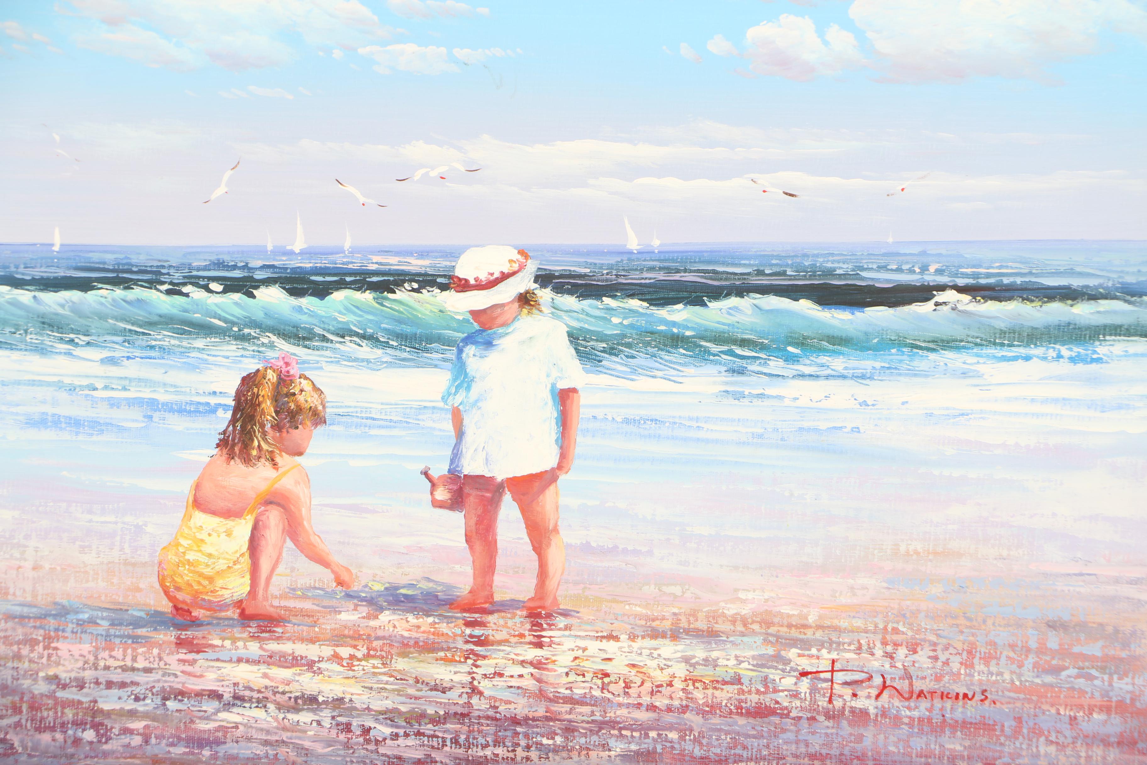 P. Watkins Acrylic Painting of Children on the Beach