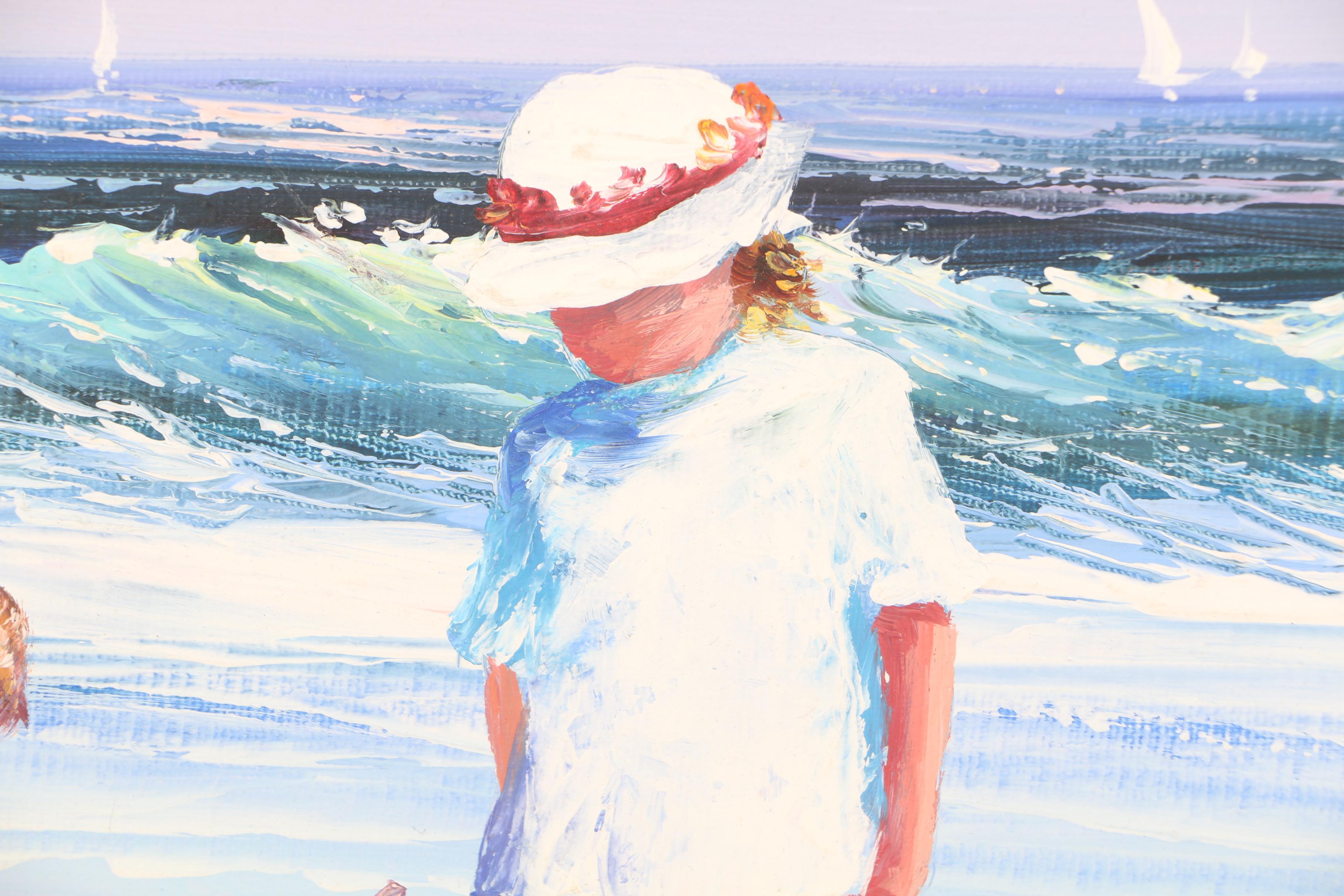 P. Watkins Acrylic Painting of Children on the Beach