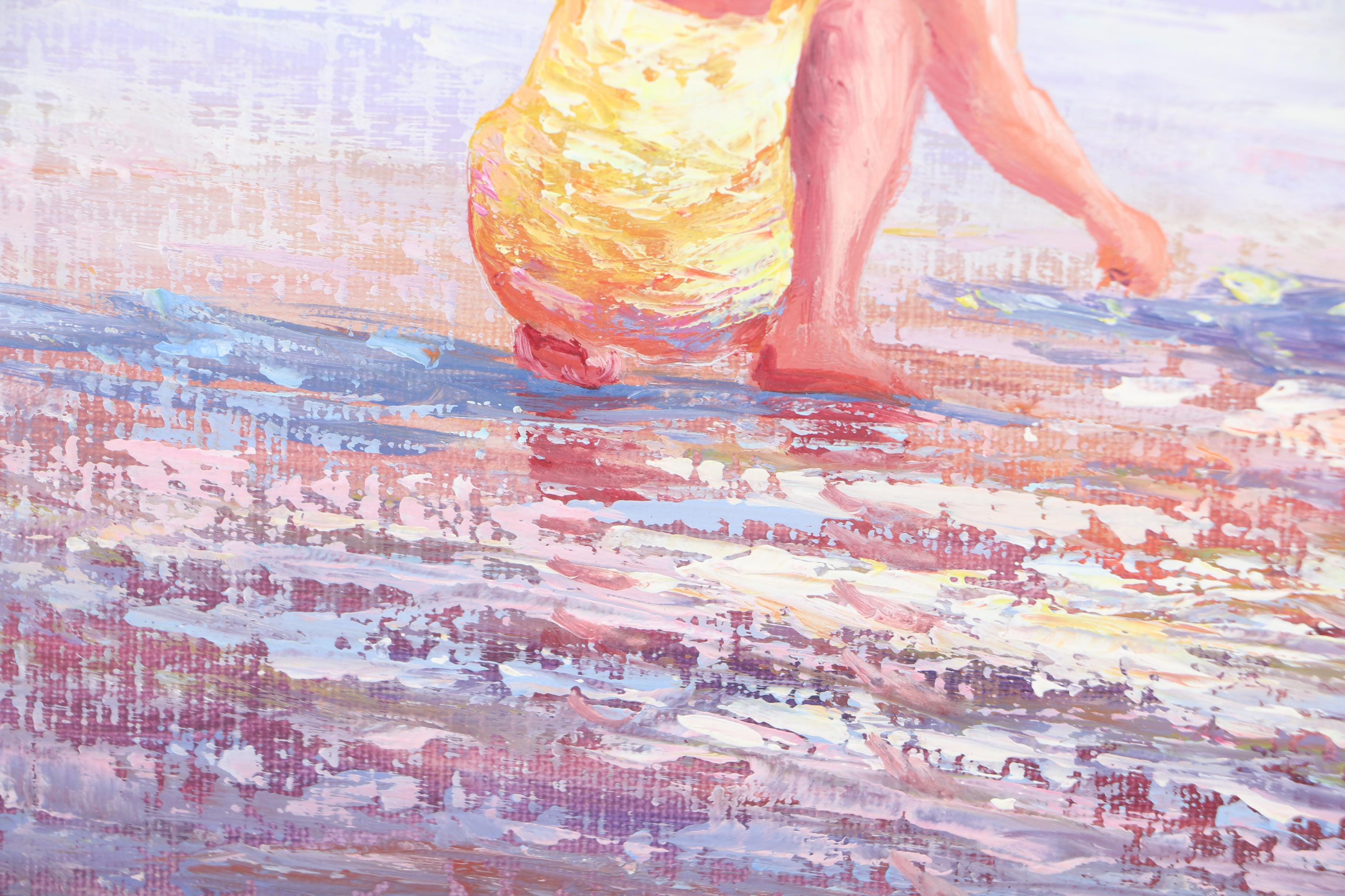 P. Watkins Acrylic Painting of Children on the Beach