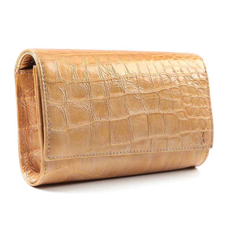 Carlos Falchi Fatto a Mano Alligator Embossed Metallic Gold Leather Clutch Purse