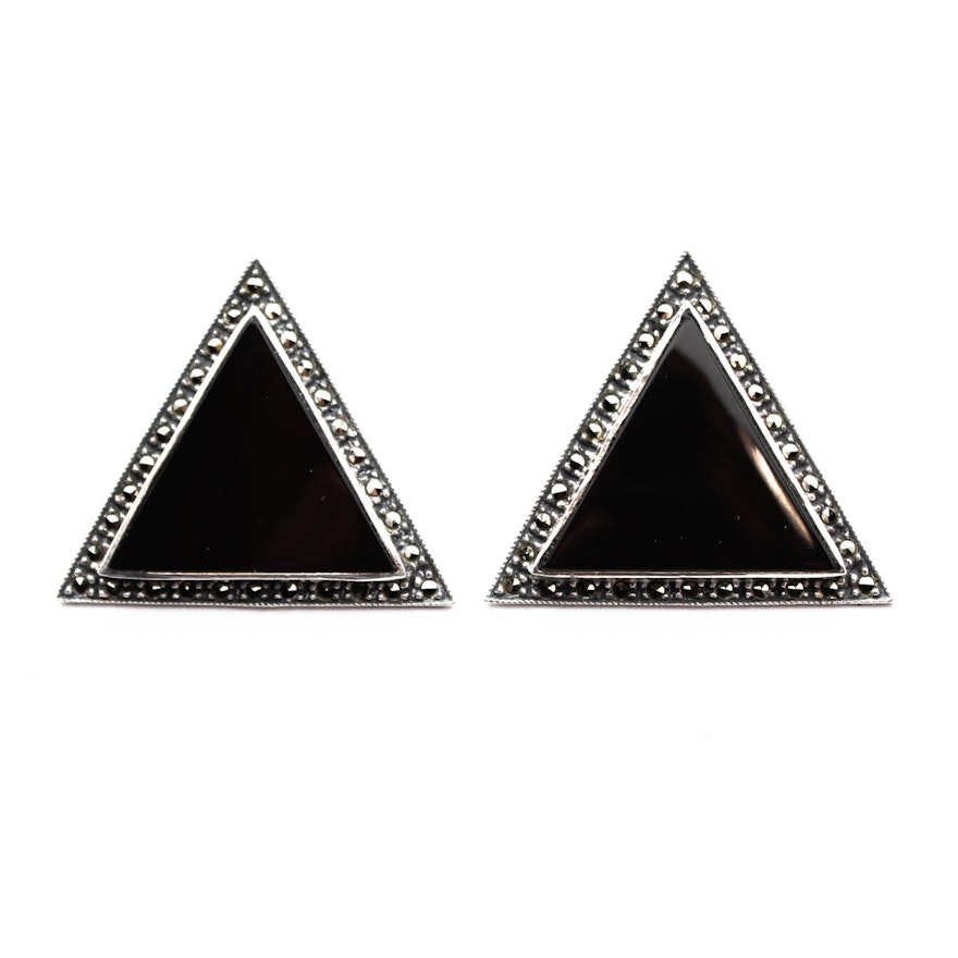 Sterling Silver Onyx and Marcasite Earrings