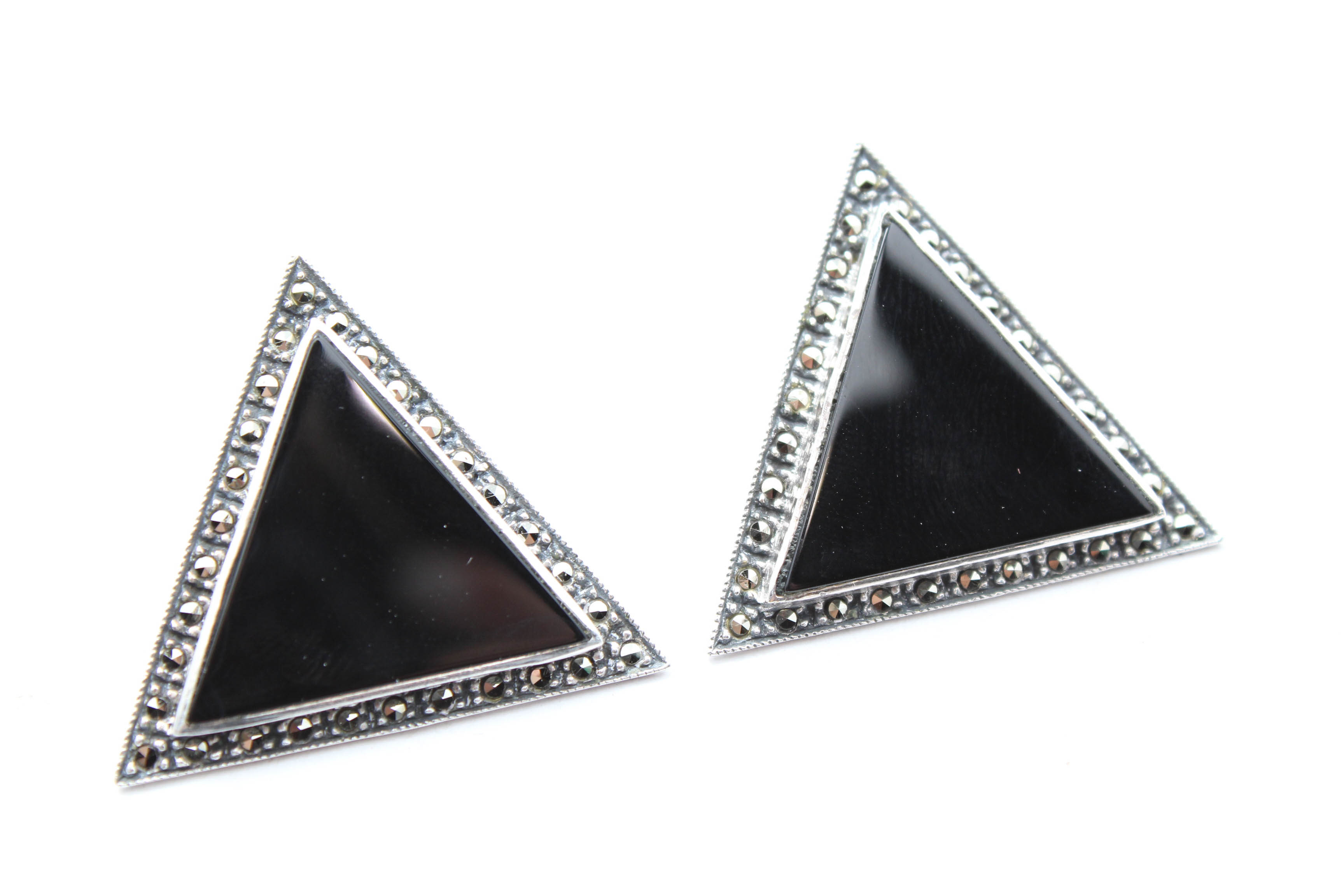 Sterling Silver Onyx and Marcasite Earrings