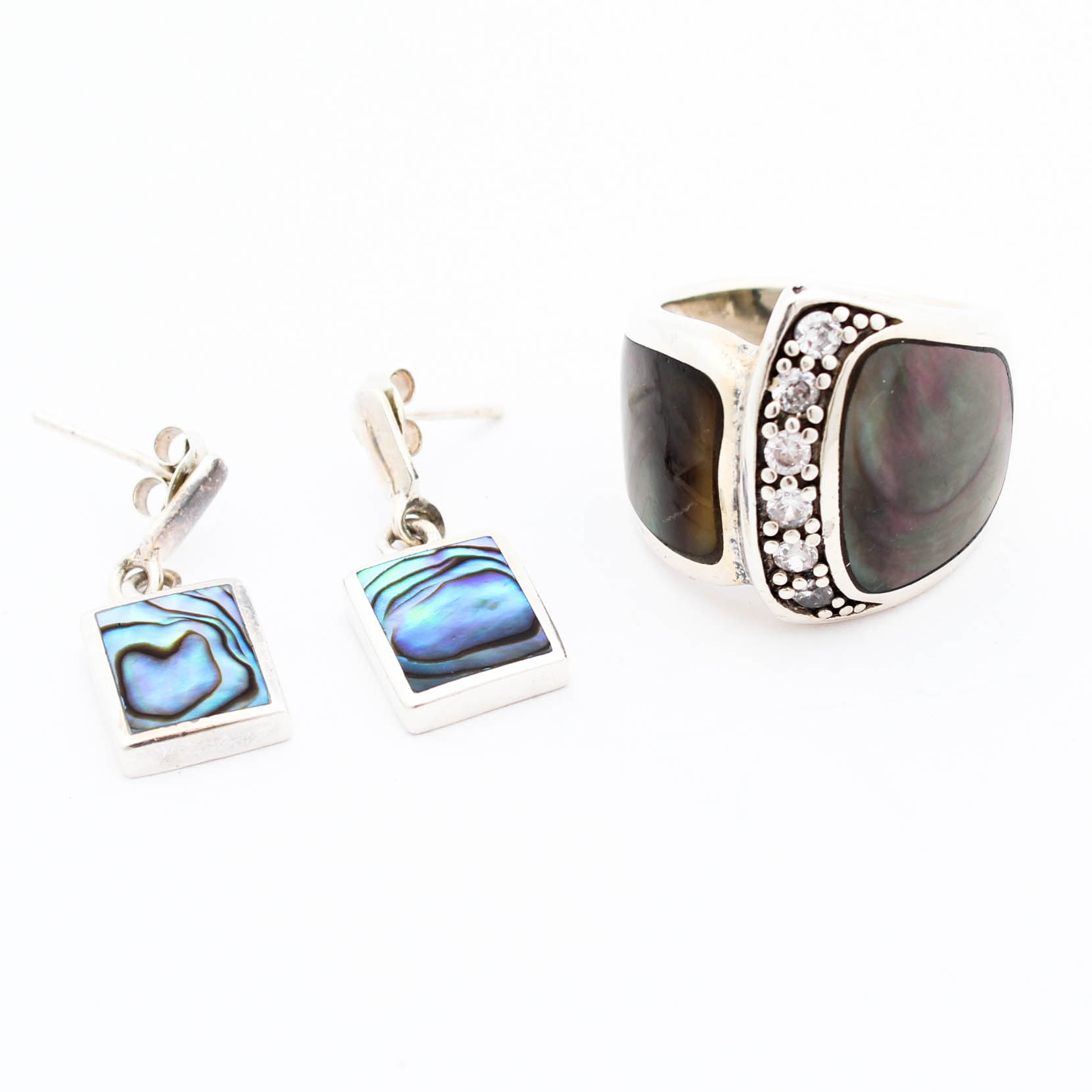 Sterling Silver Abalone and Cubic Zirconia Ring and Earrings