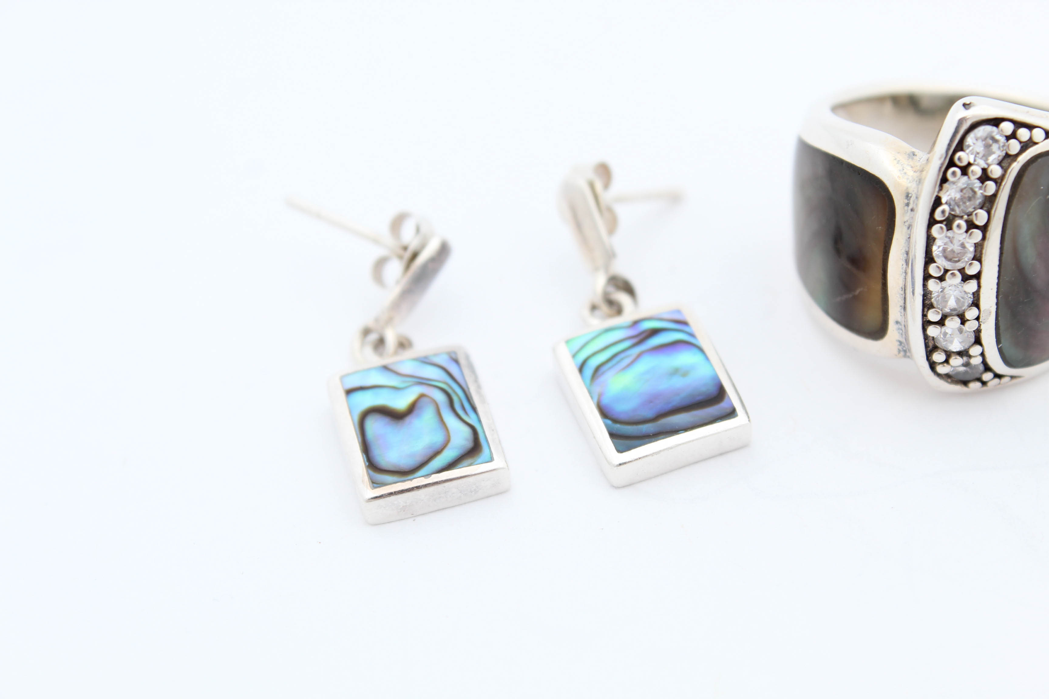Sterling Silver Abalone and Cubic Zirconia Ring and Earrings