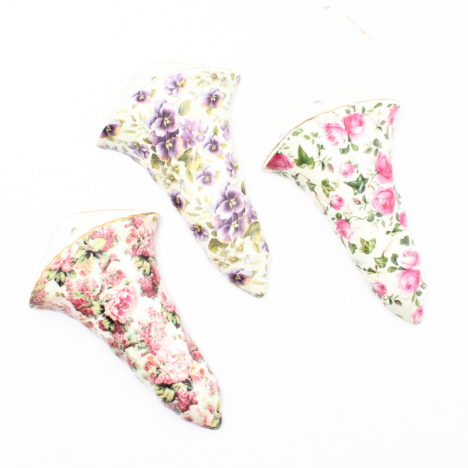 Three Floral Print Ceramic Wall Pockets