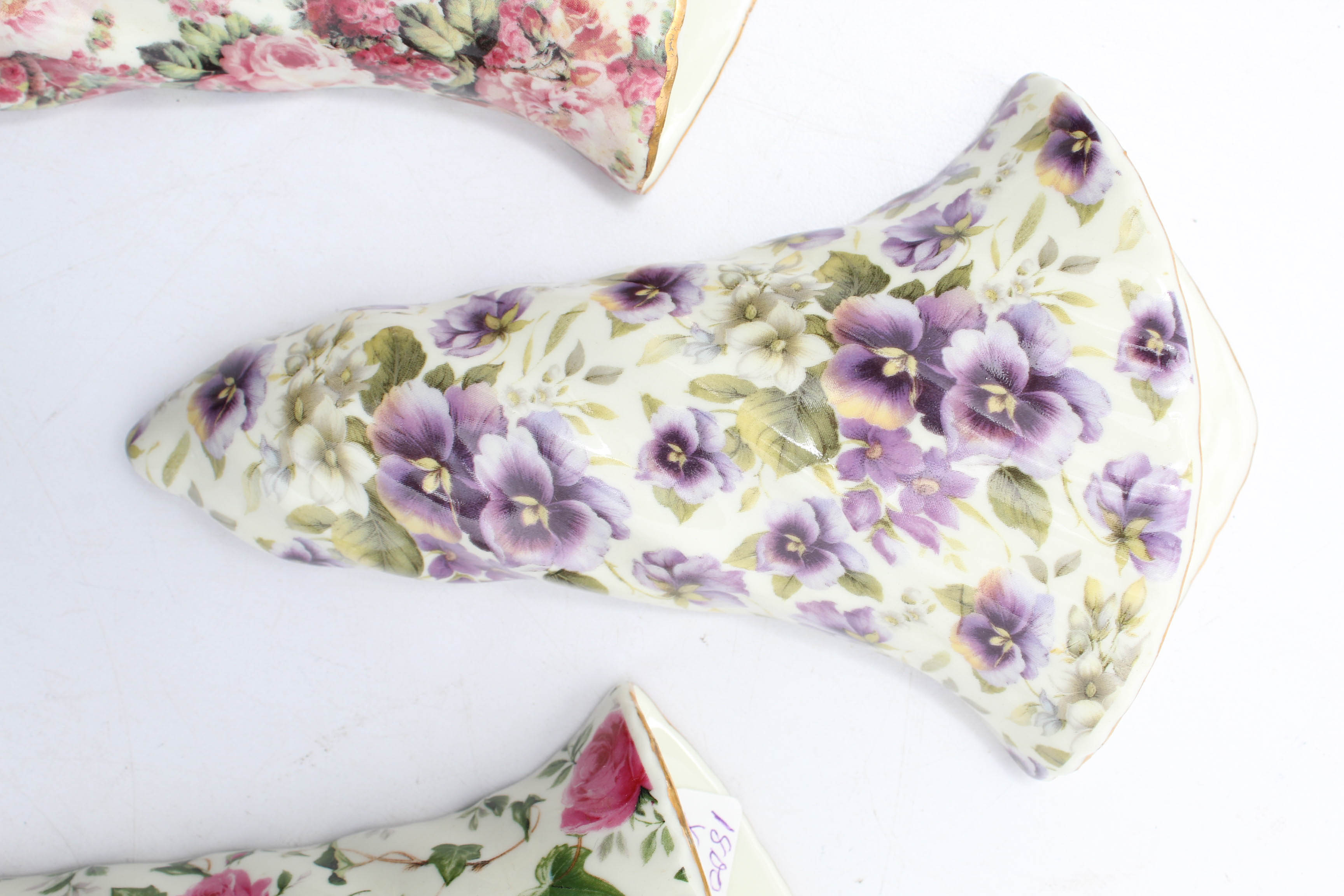 Three Floral Print Ceramic Wall Pockets