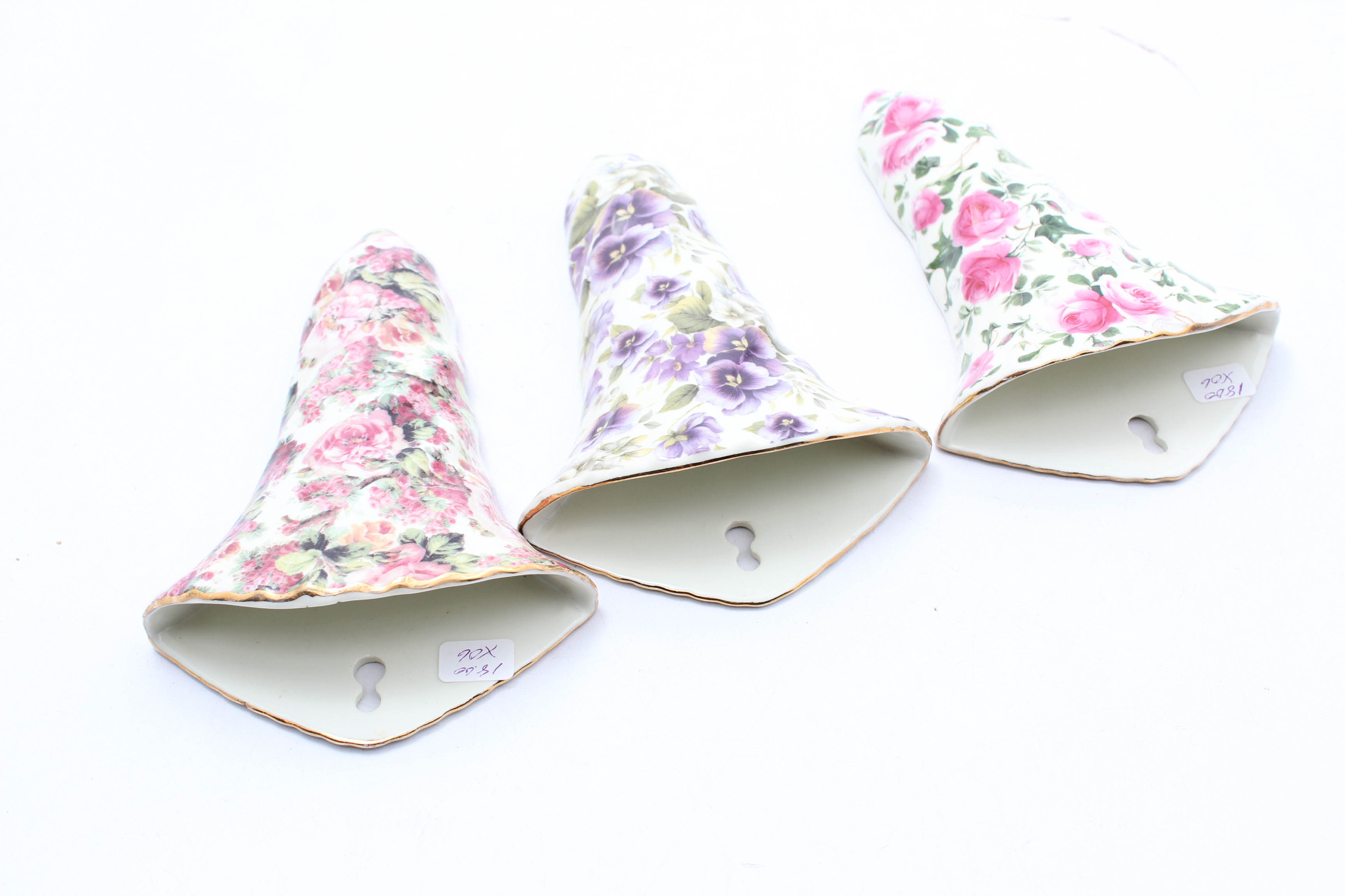 Three Floral Print Ceramic Wall Pockets