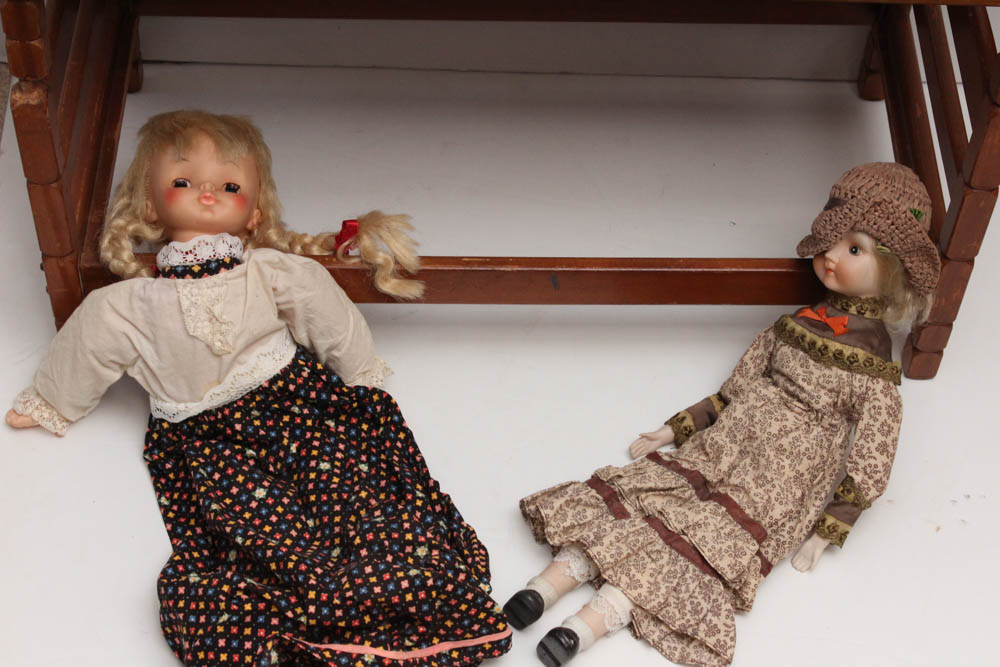 Vintage Dolls with Doll Bed
