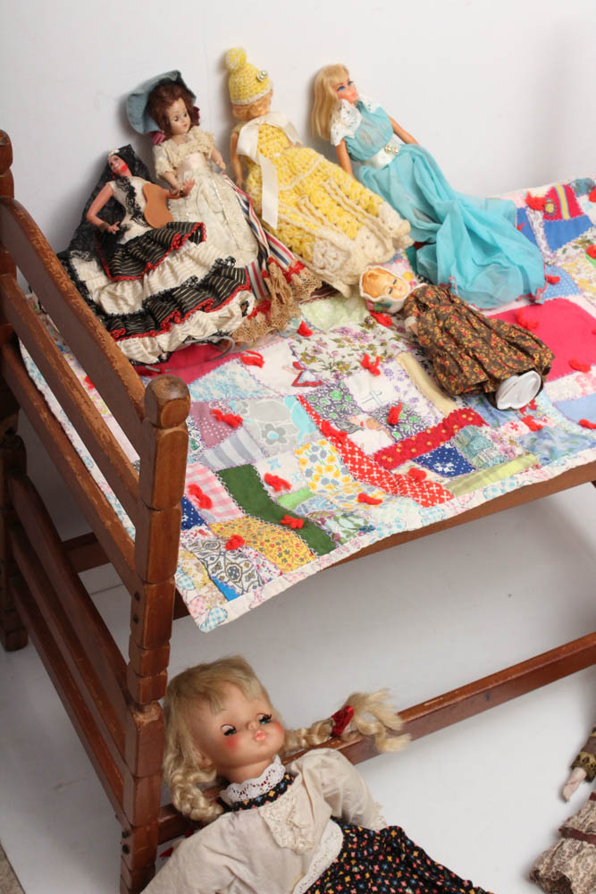 Vintage Dolls with Doll Bed