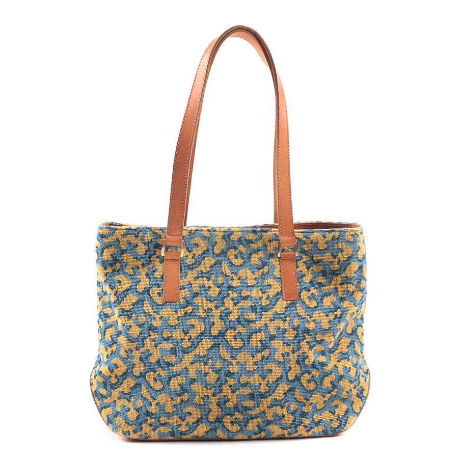 Stubbs & Wootton Palm Beach Blue and Yellow Needlepoint and Leather Shoulder Bag