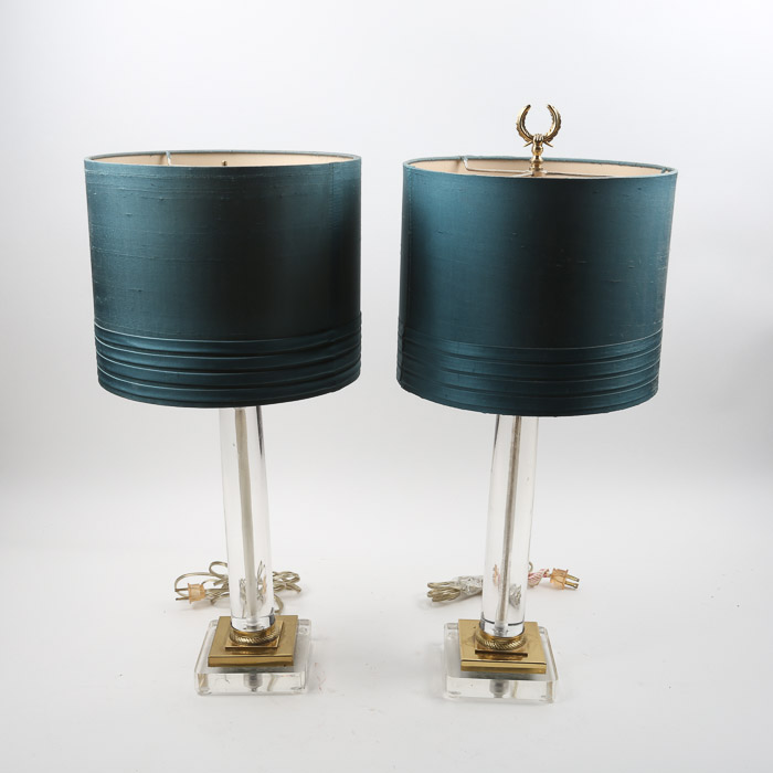 Vintage Acrylic Columnar Table Lamps with Brass Toned Accents and Fabric Shades