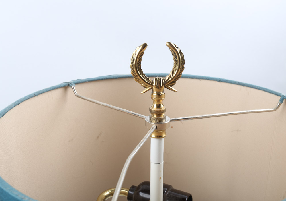 Vintage Acrylic Columnar Table Lamps with Brass Toned Accents and Fabric Shades