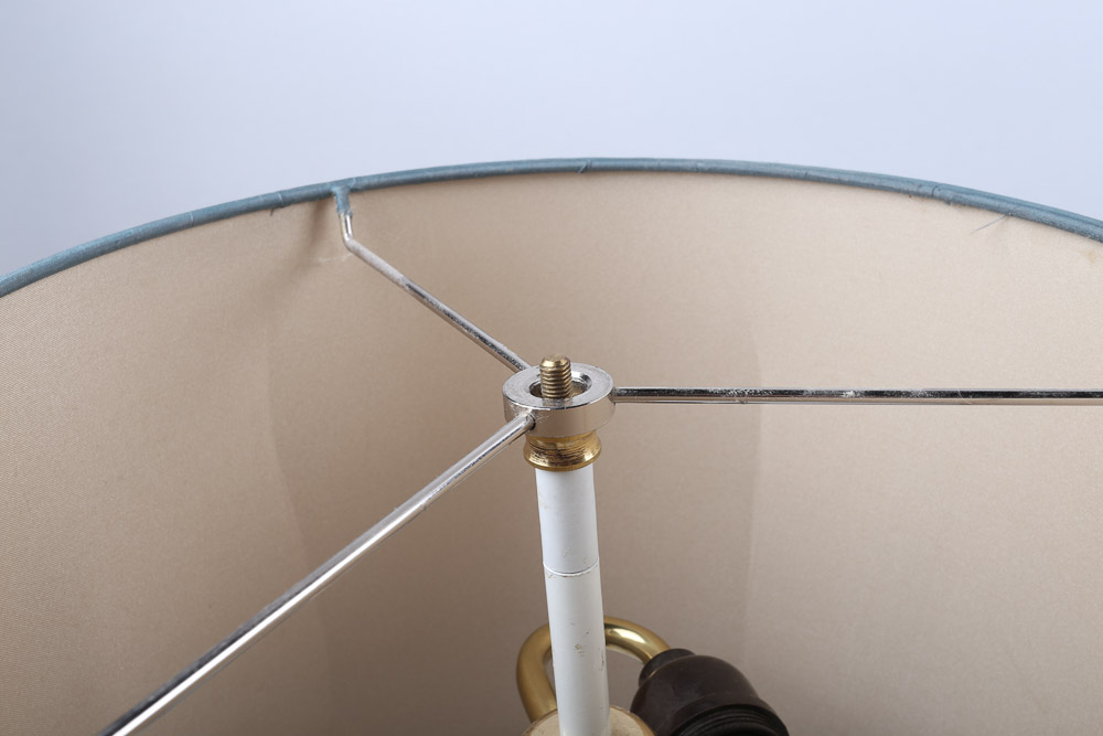 Vintage Acrylic Columnar Table Lamps with Brass Toned Accents and Fabric Shades