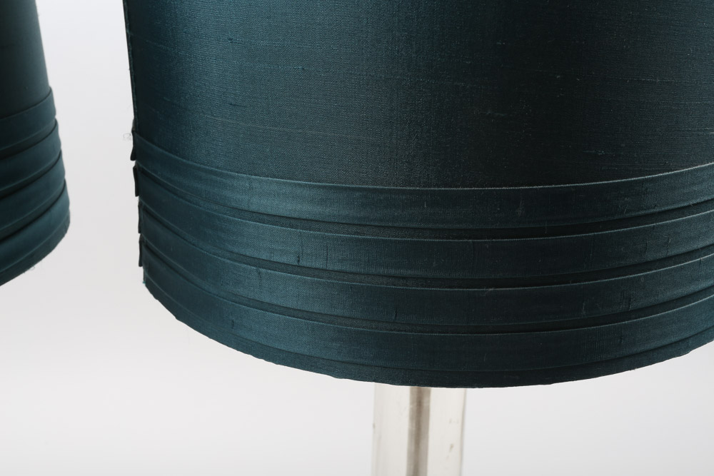 Vintage Acrylic Columnar Table Lamps with Brass Toned Accents and Fabric Shades