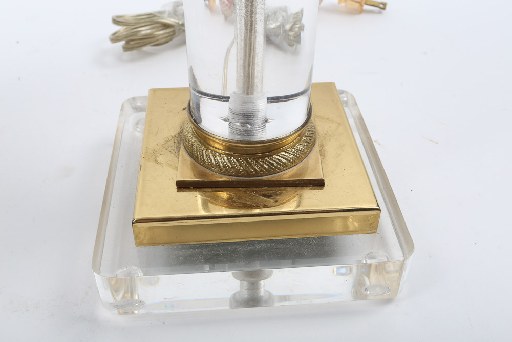 Vintage Acrylic Columnar Table Lamps with Brass Toned Accents and Fabric Shades