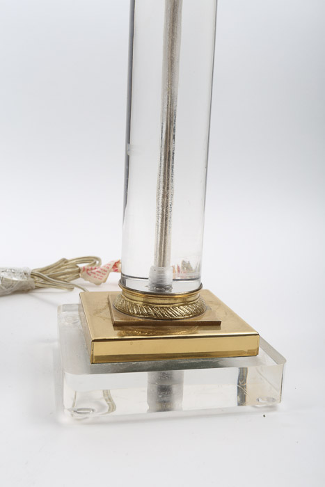 Vintage Acrylic Columnar Table Lamps with Brass Toned Accents and Fabric Shades