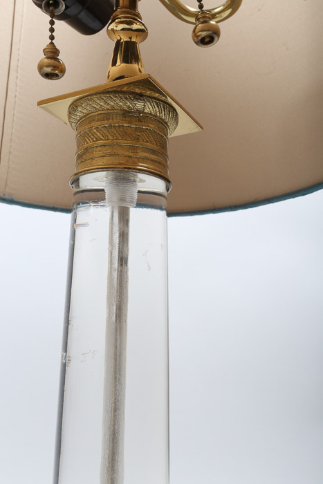 Vintage Acrylic Columnar Table Lamps with Brass Toned Accents and Fabric Shades