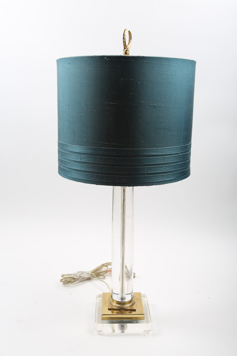 Vintage Acrylic Columnar Table Lamps with Brass Toned Accents and Fabric Shades