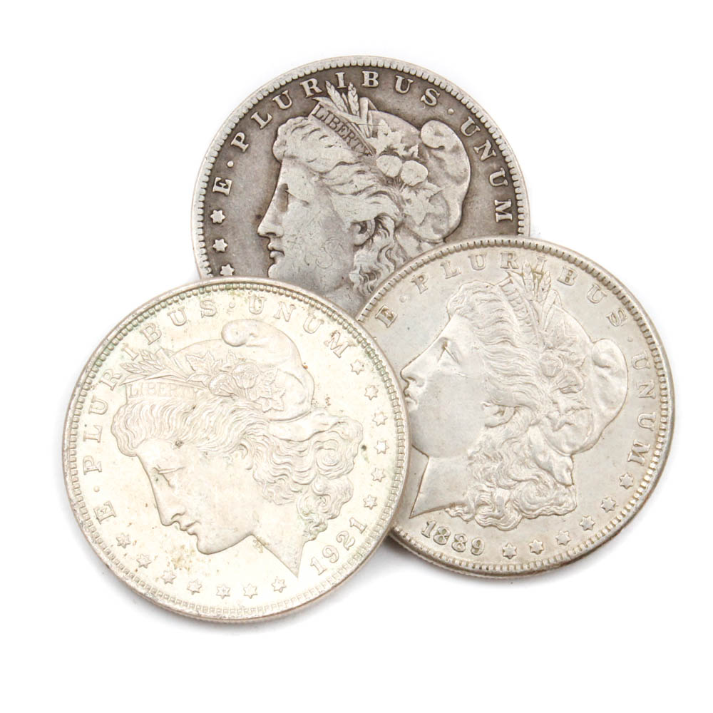 1889, 1901-O and 1921 Morgan Silver Dollars
