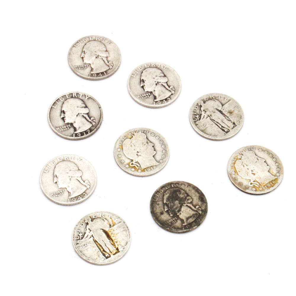 Barber, Standing Liberty and Washington Silver Quarters
