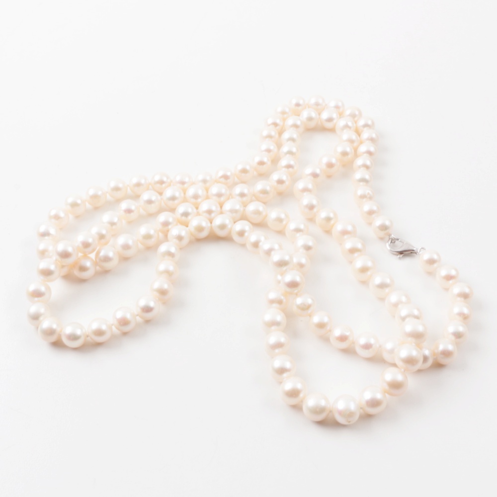 Sterling Silver Cultured Pearl Rope Length Necklace