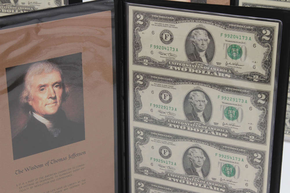 Series 2003 $2 Uncut Currency Sheets