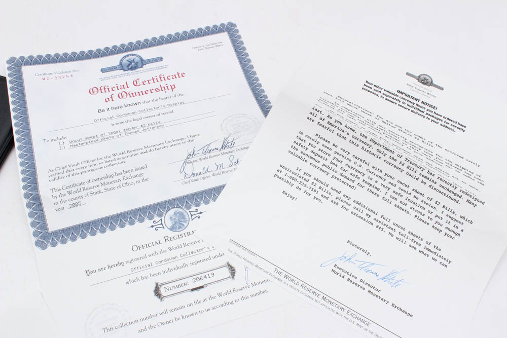 Series 2003 $2 Uncut Currency Sheets