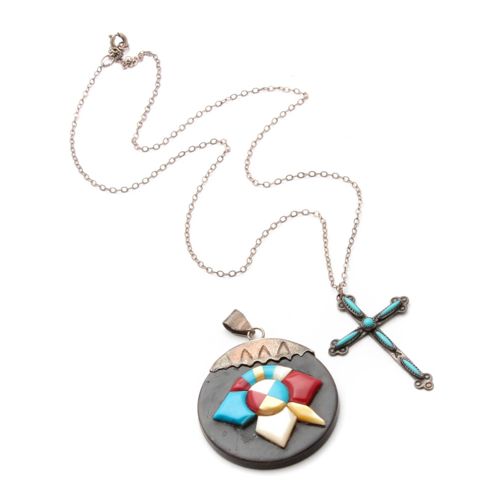 Sterling Silver Pendant and Necklace with Imitation Stones