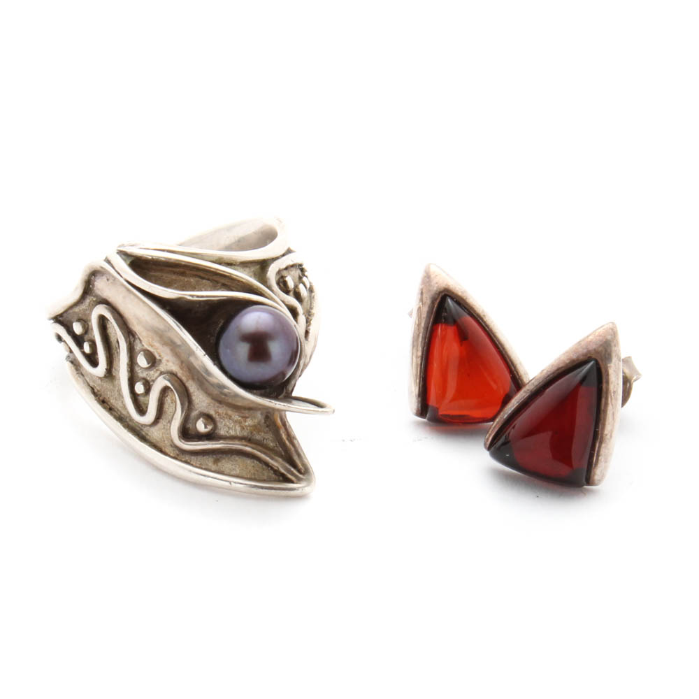 Sterling Silver Ring and Earrings Featuring Cultured Dyed Black Pearl and Amber