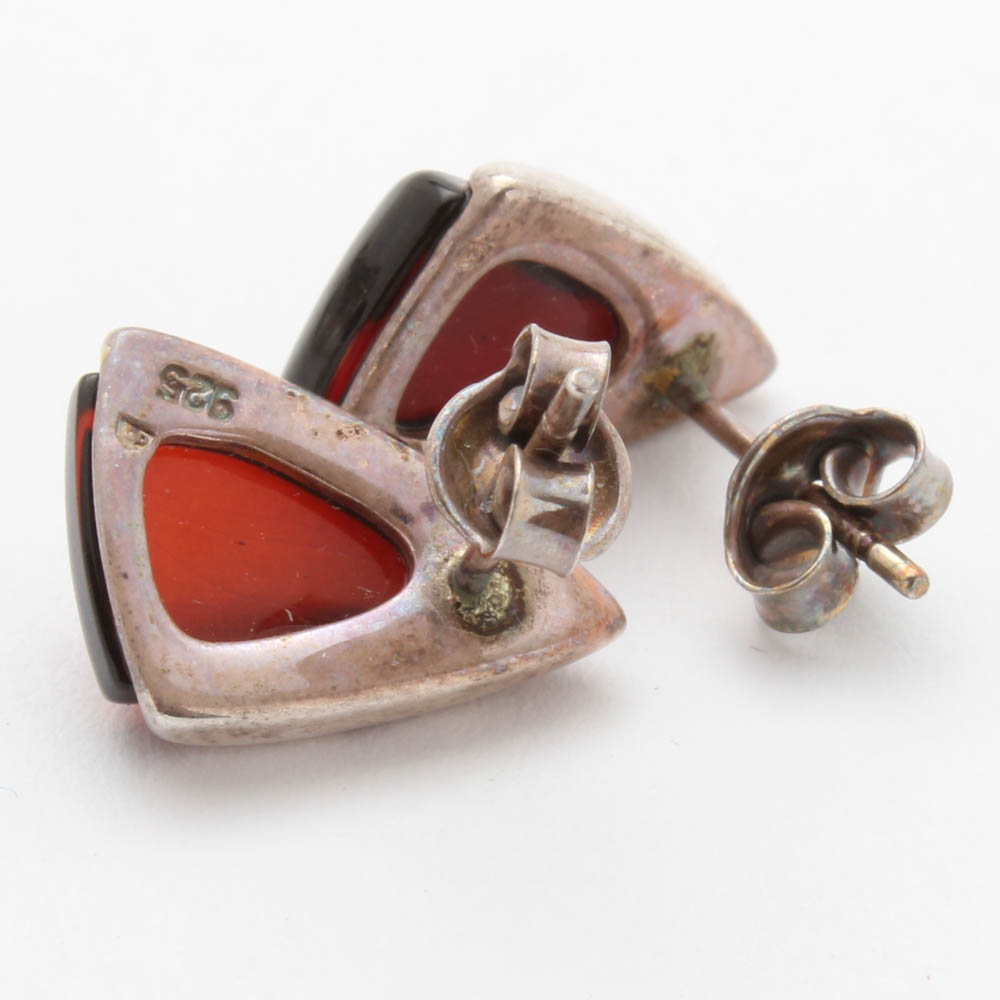 Sterling Silver Ring and Earrings Featuring Cultured Dyed Black Pearl and Amber