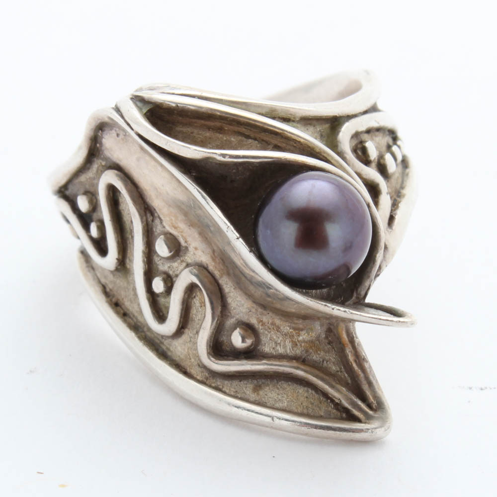 Sterling Silver Ring and Earrings Featuring Cultured Dyed Black Pearl and Amber