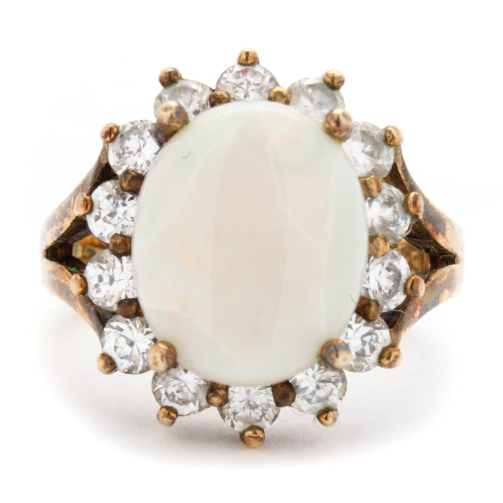 Goldwash on Sterling Silver Ring with Synthetic Opal and Cubic Zirconia