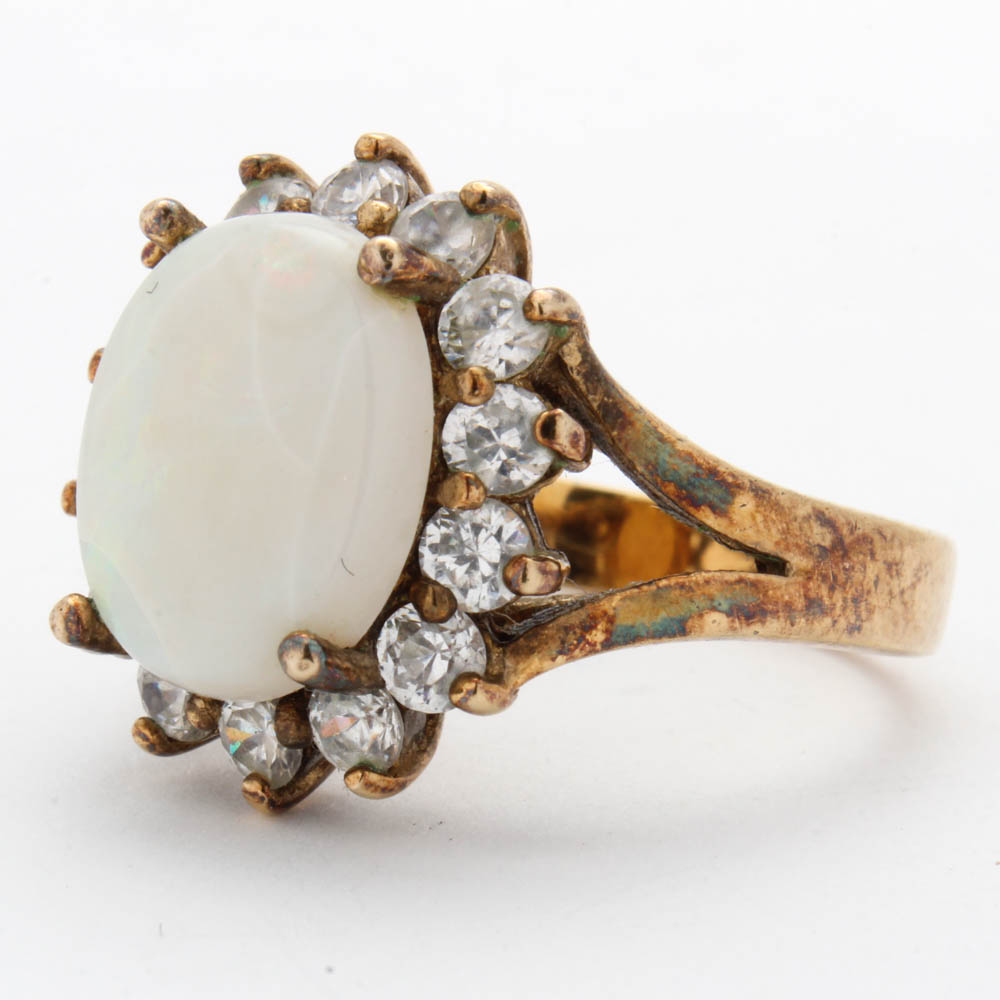 Goldwash on Sterling Silver Ring with Synthetic Opal and Cubic Zirconia