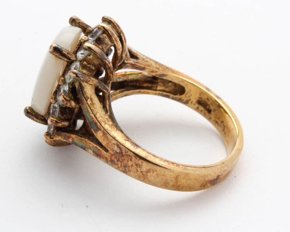 Goldwash on Sterling Silver Ring with Synthetic Opal and Cubic Zirconia
