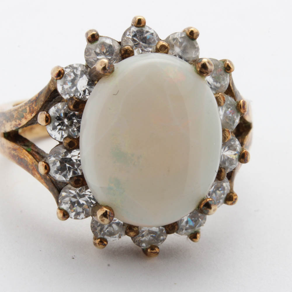 Goldwash on Sterling Silver Ring with Synthetic Opal and Cubic Zirconia
