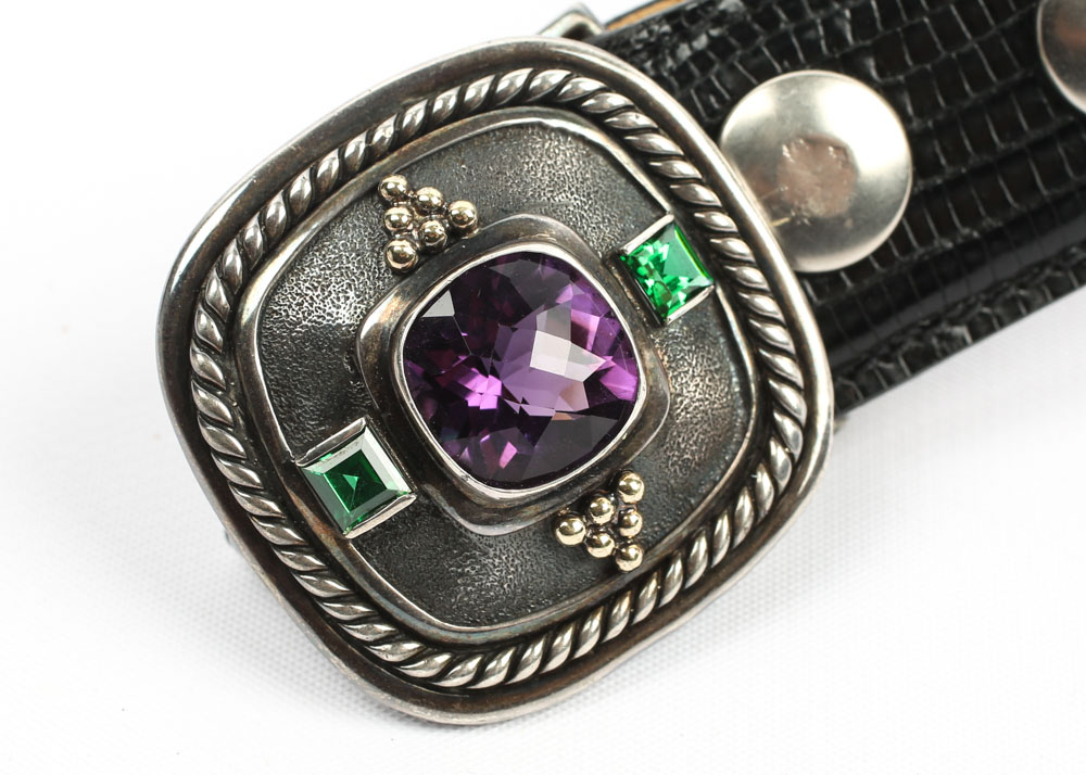 David Yurman Belt with Sterling 10.00 CT Amethyst, 1.28 CTW Emerald Buckle