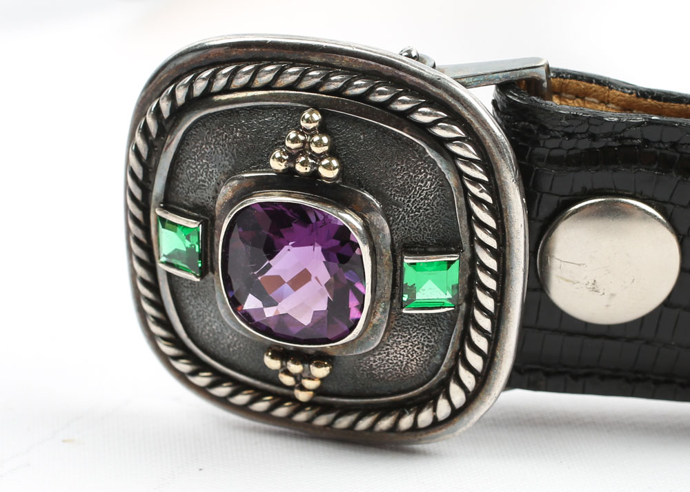 David Yurman Belt with Sterling 10.00 CT Amethyst, 1.28 CTW Emerald Buckle