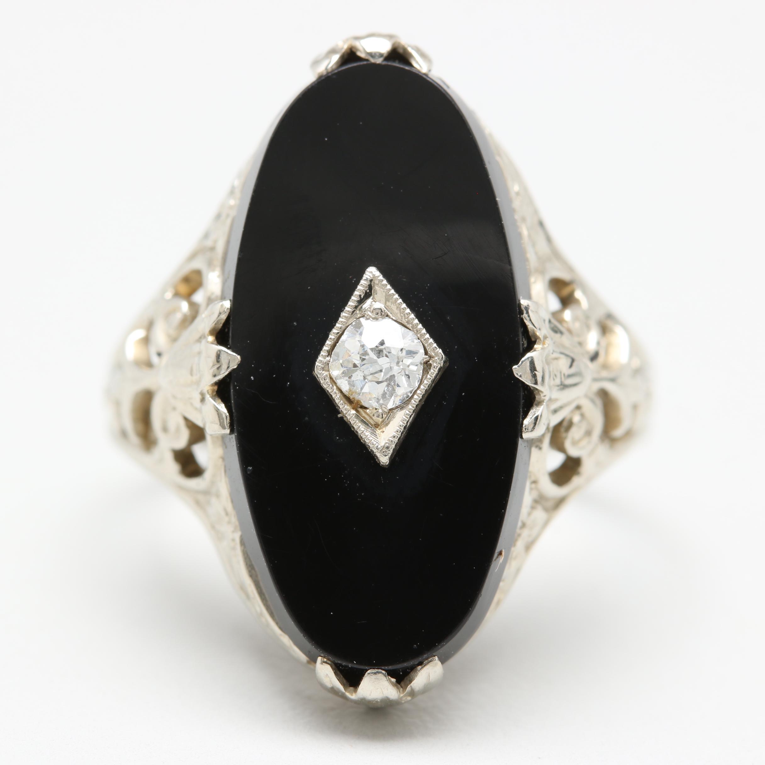 Vintage 18K White Gold Black Onyx and Diamond Ring