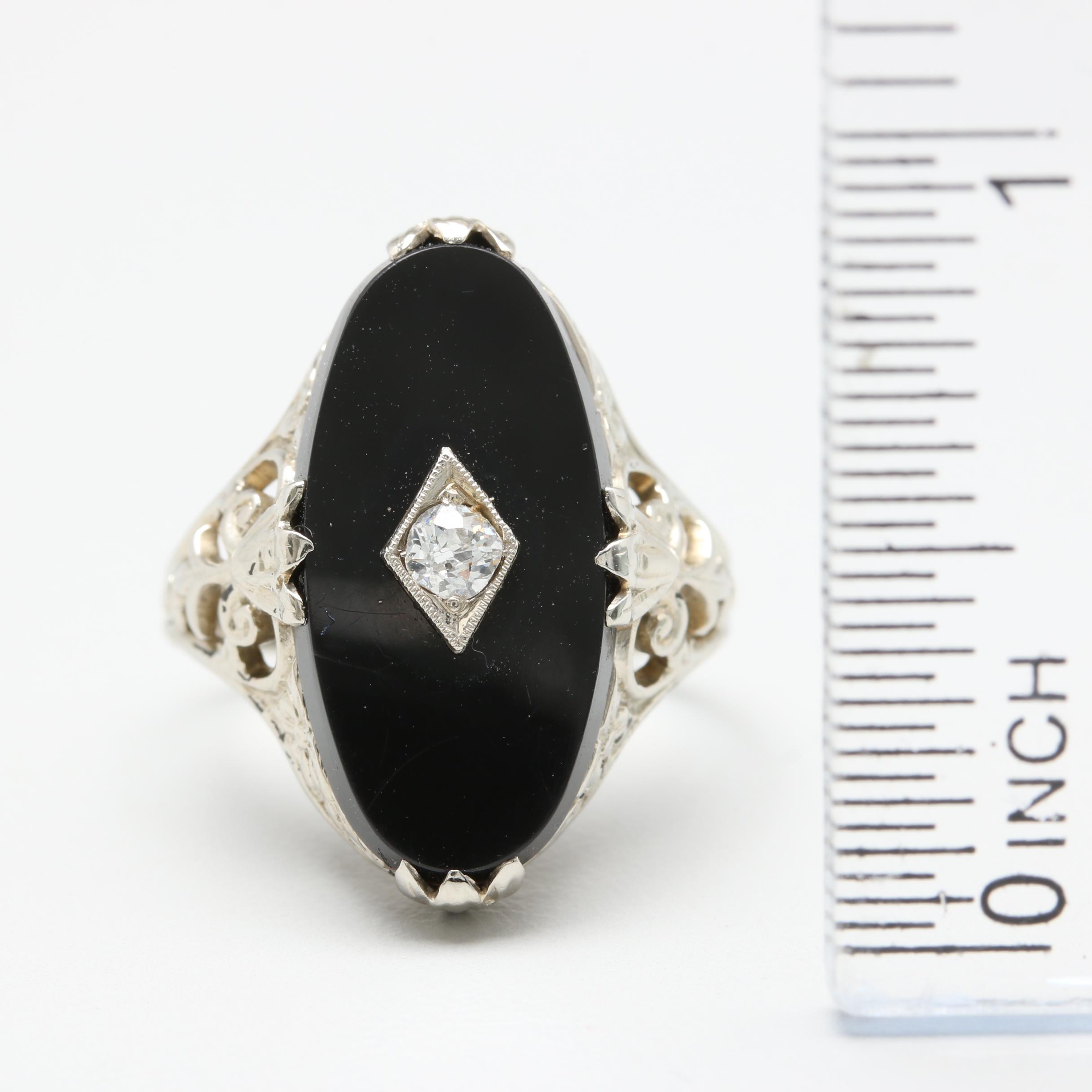 Vintage 18K White Gold Black Onyx and Diamond Ring