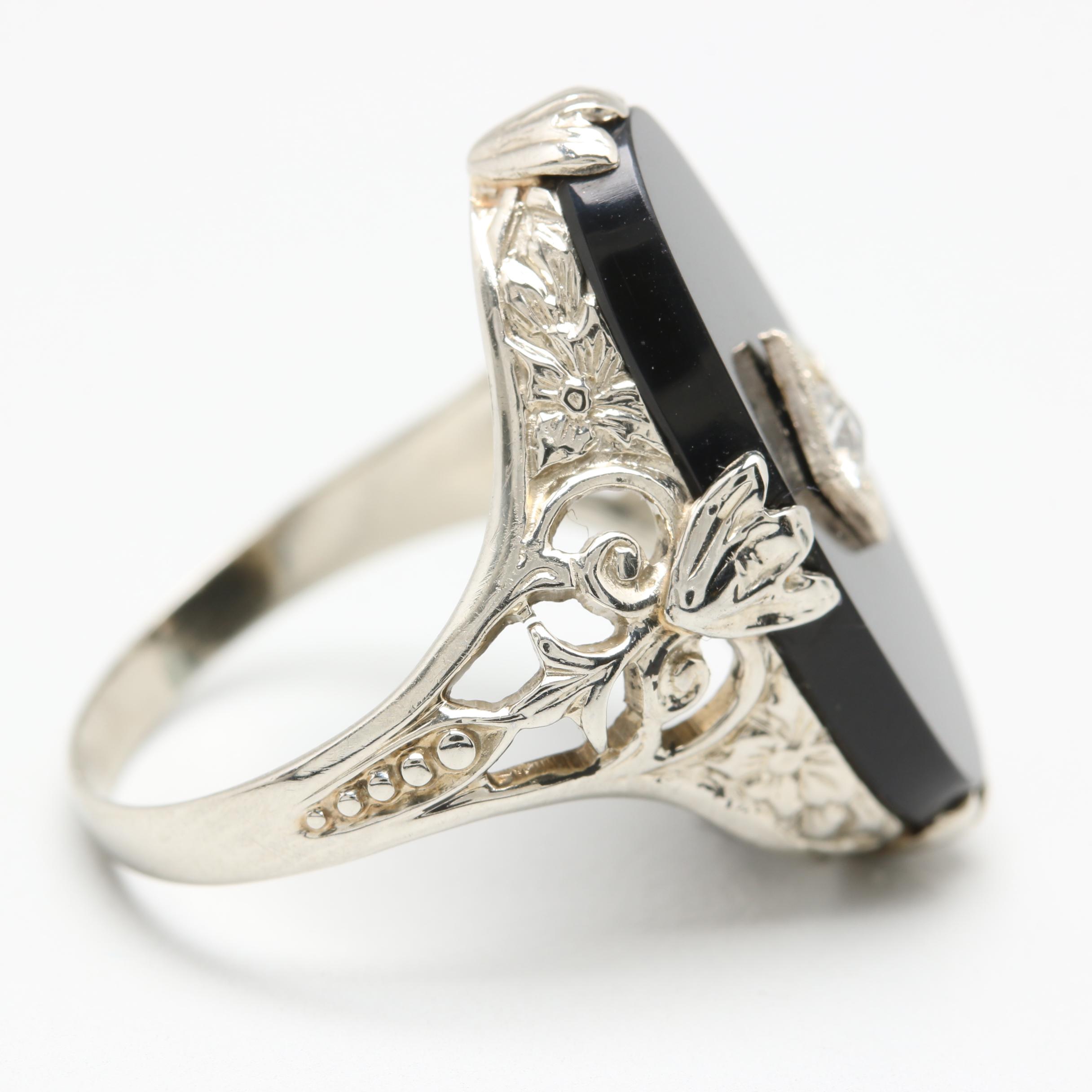 Vintage 18K White Gold Black Onyx and Diamond Ring