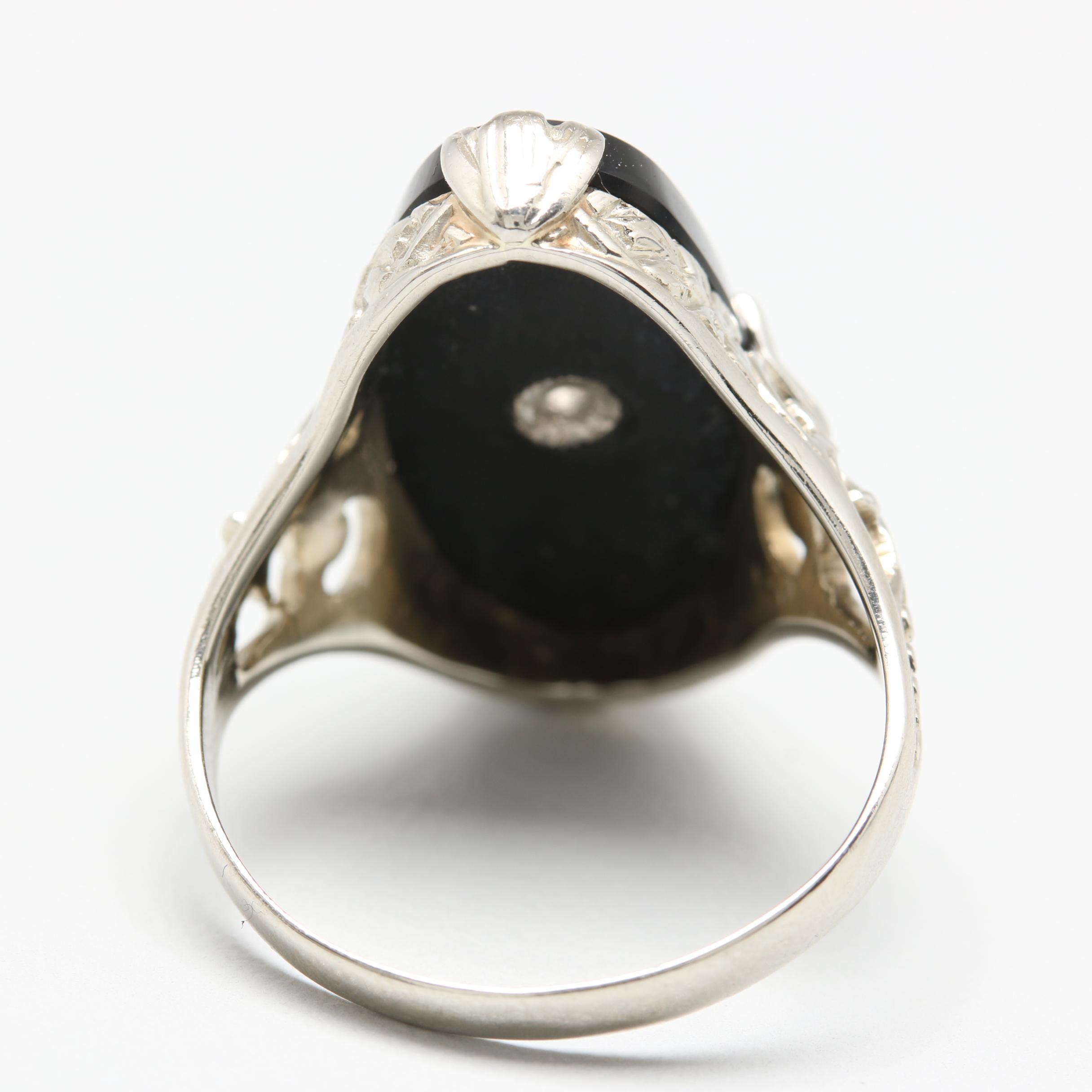Vintage 18K White Gold Black Onyx and Diamond Ring
