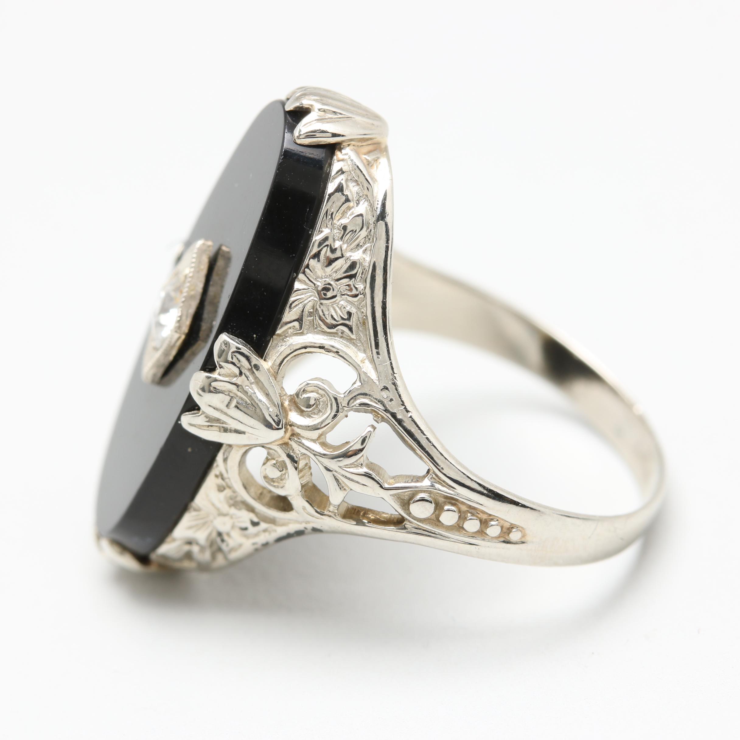 Vintage 18K White Gold Black Onyx and Diamond Ring