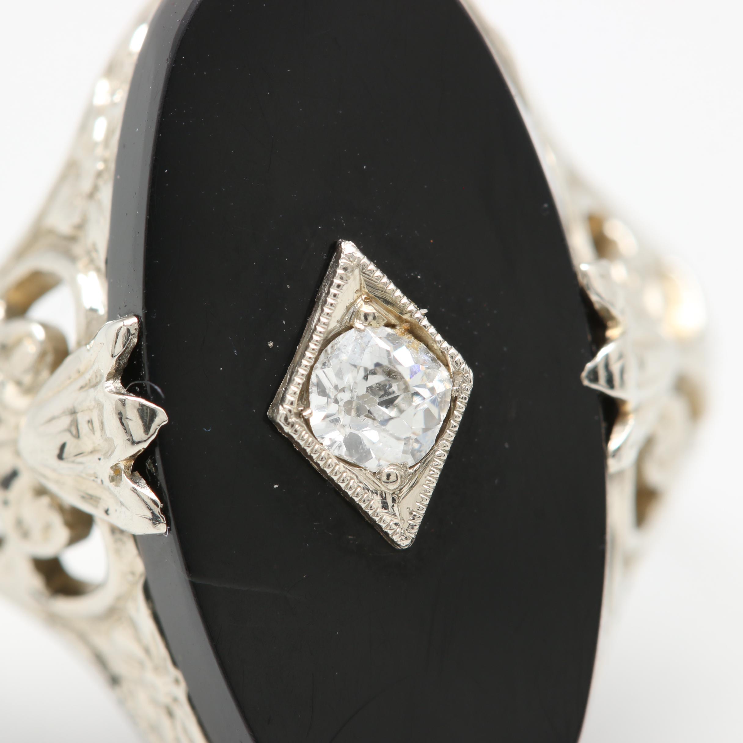 Vintage 18K White Gold Black Onyx and Diamond Ring