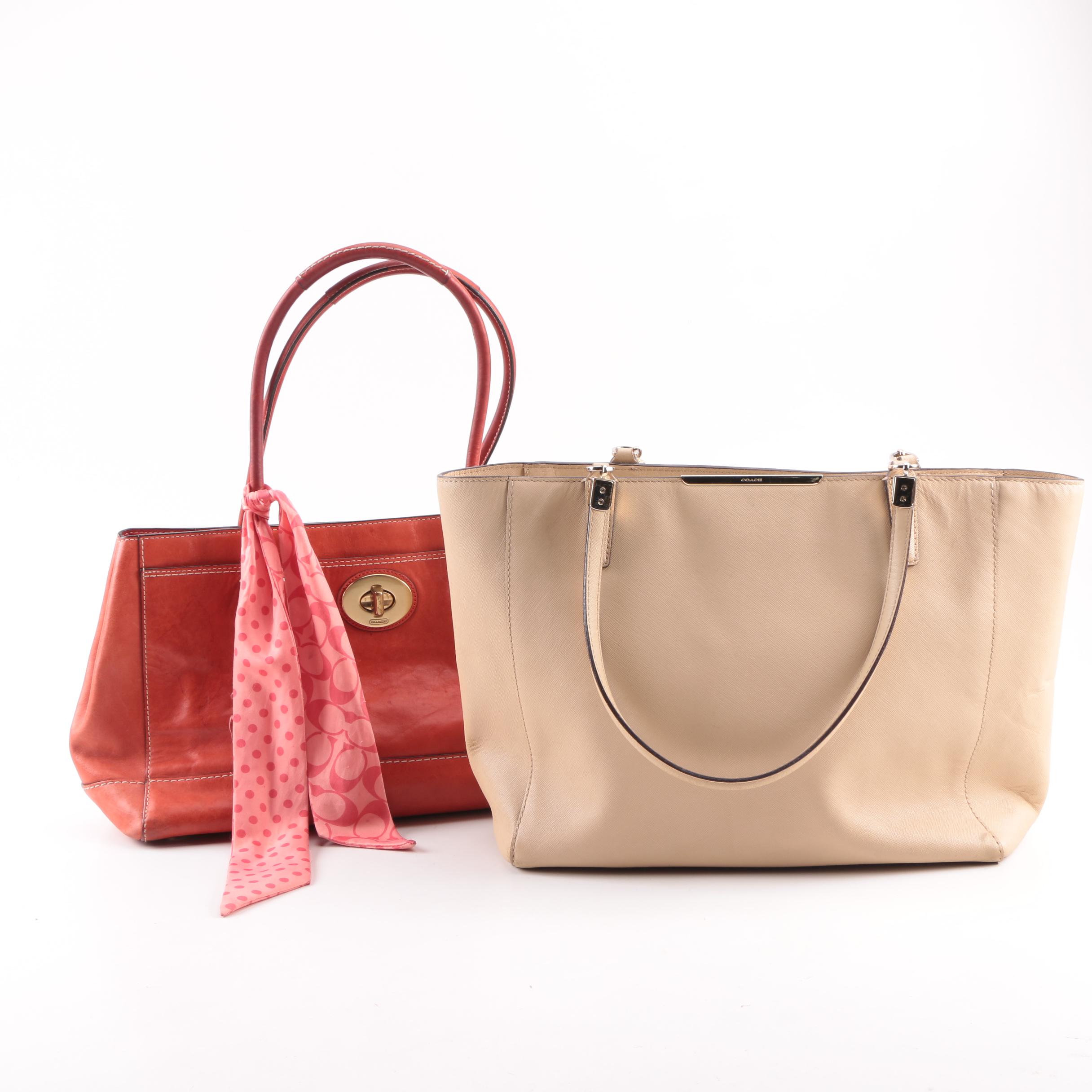 Coach Madison Tan Saffiano East West and Madeline Coral Red Leather Totes