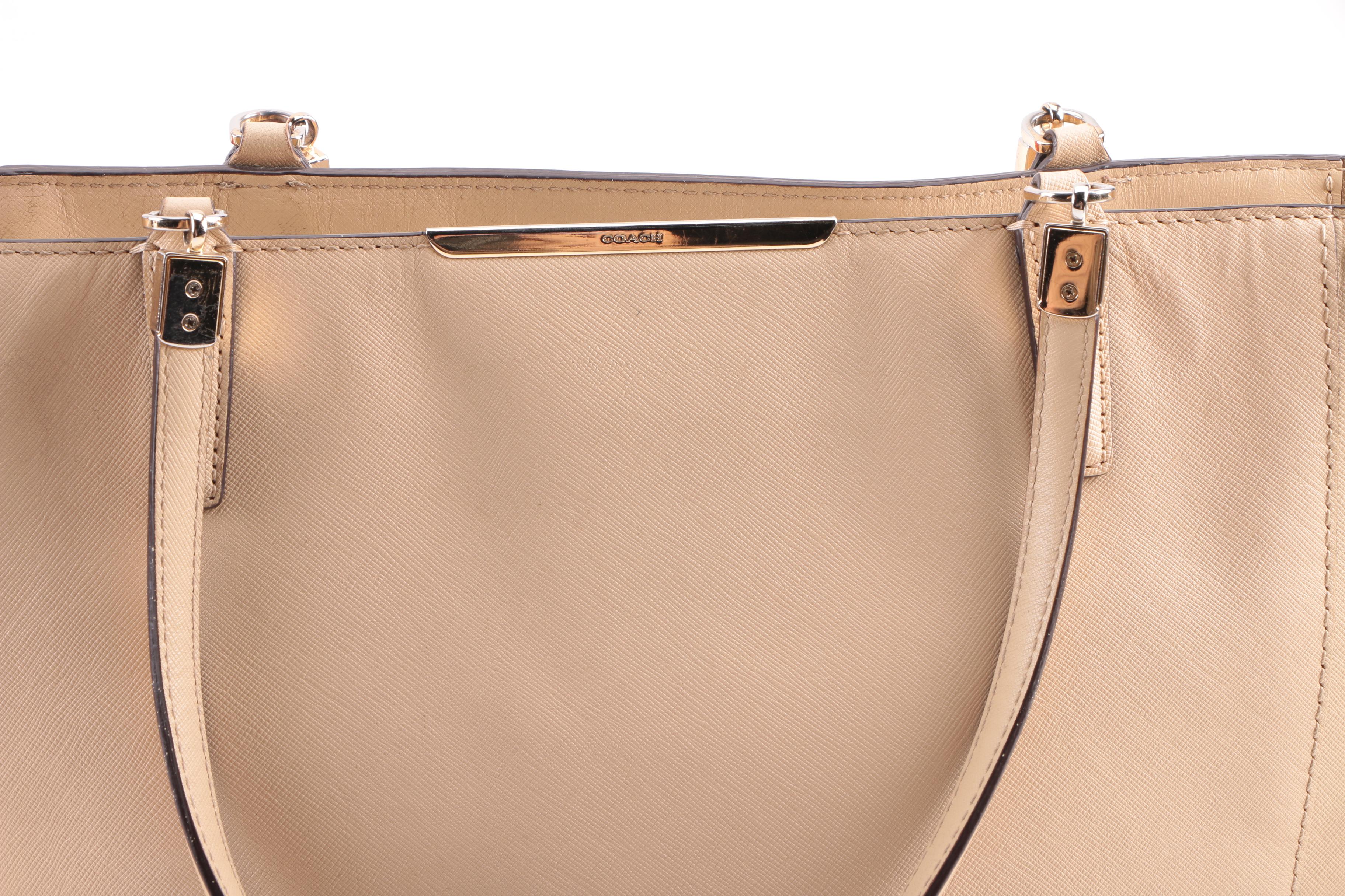 Coach Madison Tan Saffiano East West and Madeline Coral Red Leather Totes