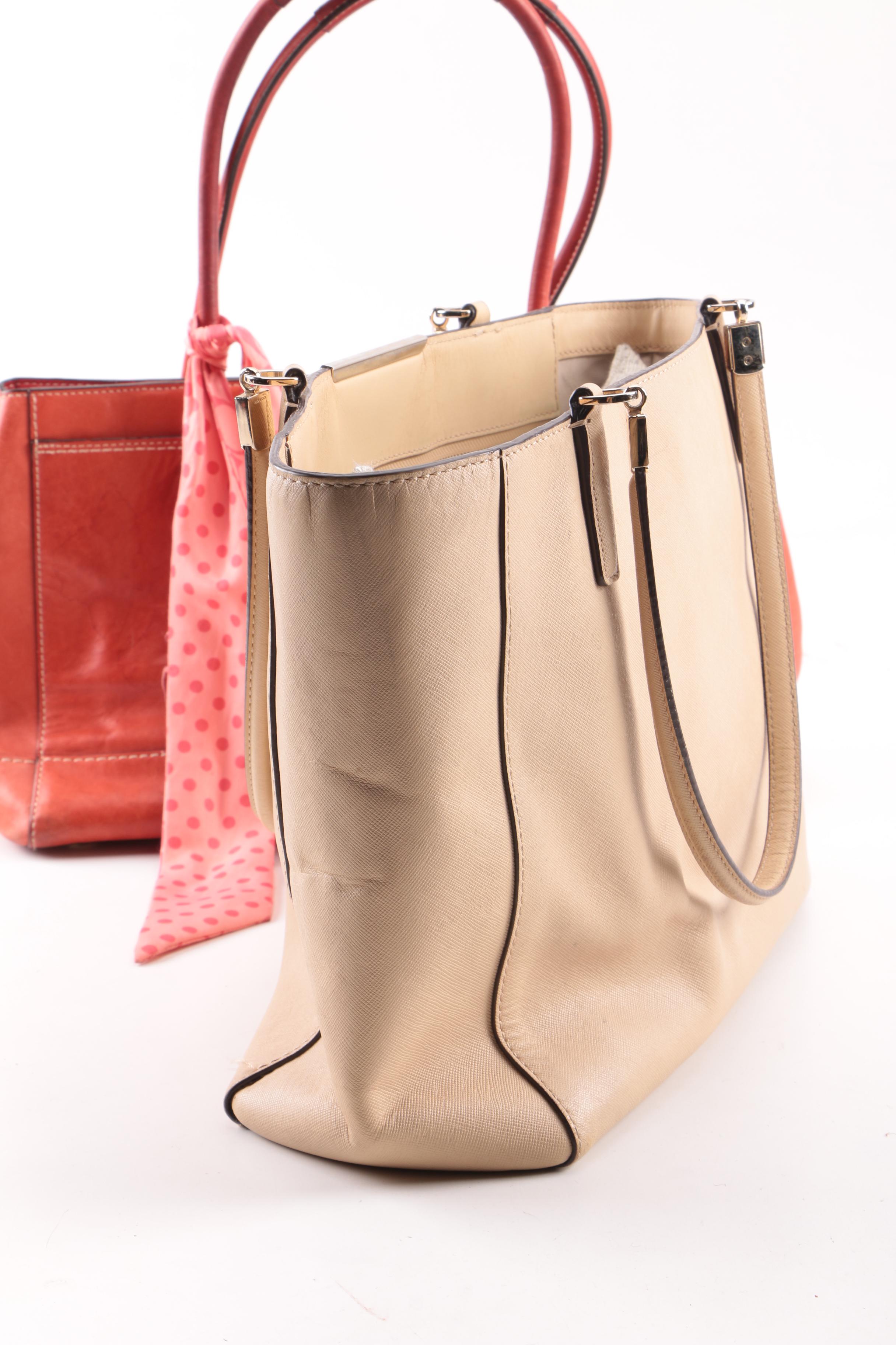 Coach Madison Tan Saffiano East West and Madeline Coral Red Leather Totes