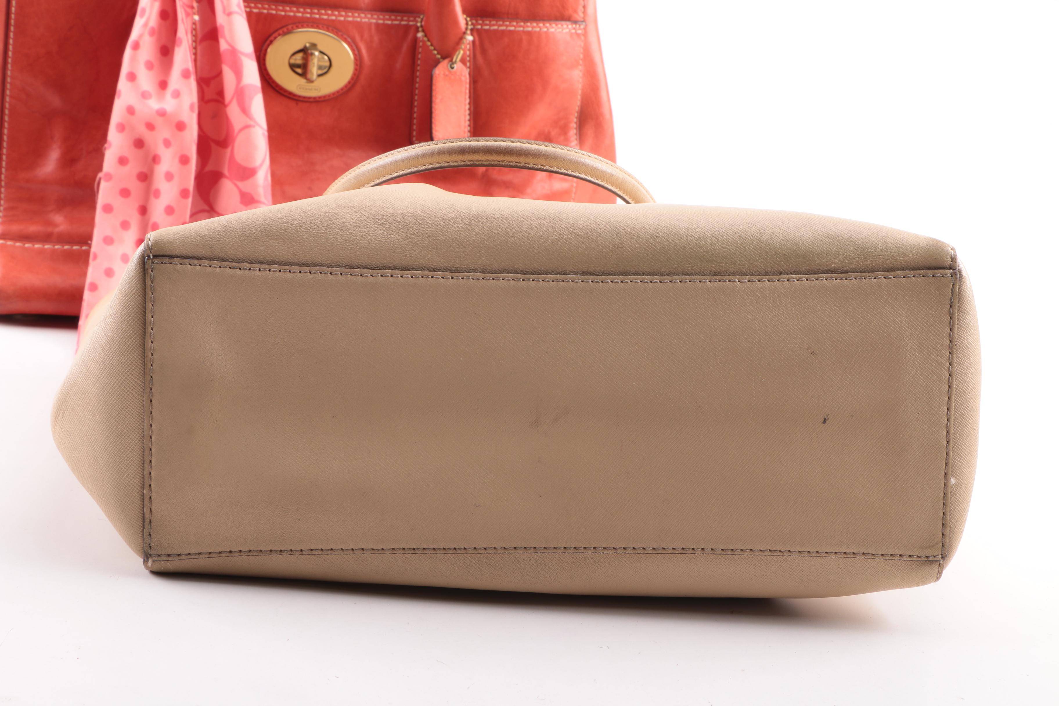 Coach Madison Tan Saffiano East West and Madeline Coral Red Leather Totes