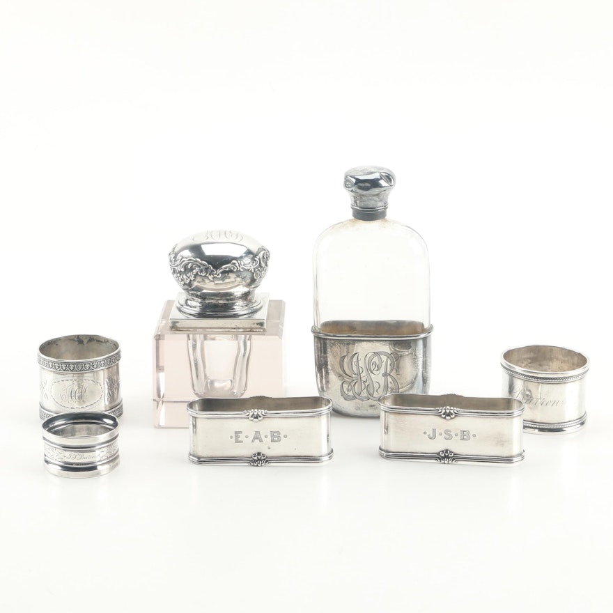 Ferd. Fuchs & Bros. Sterling Silver and Glass Inkwell with Sterling Napkin Rings