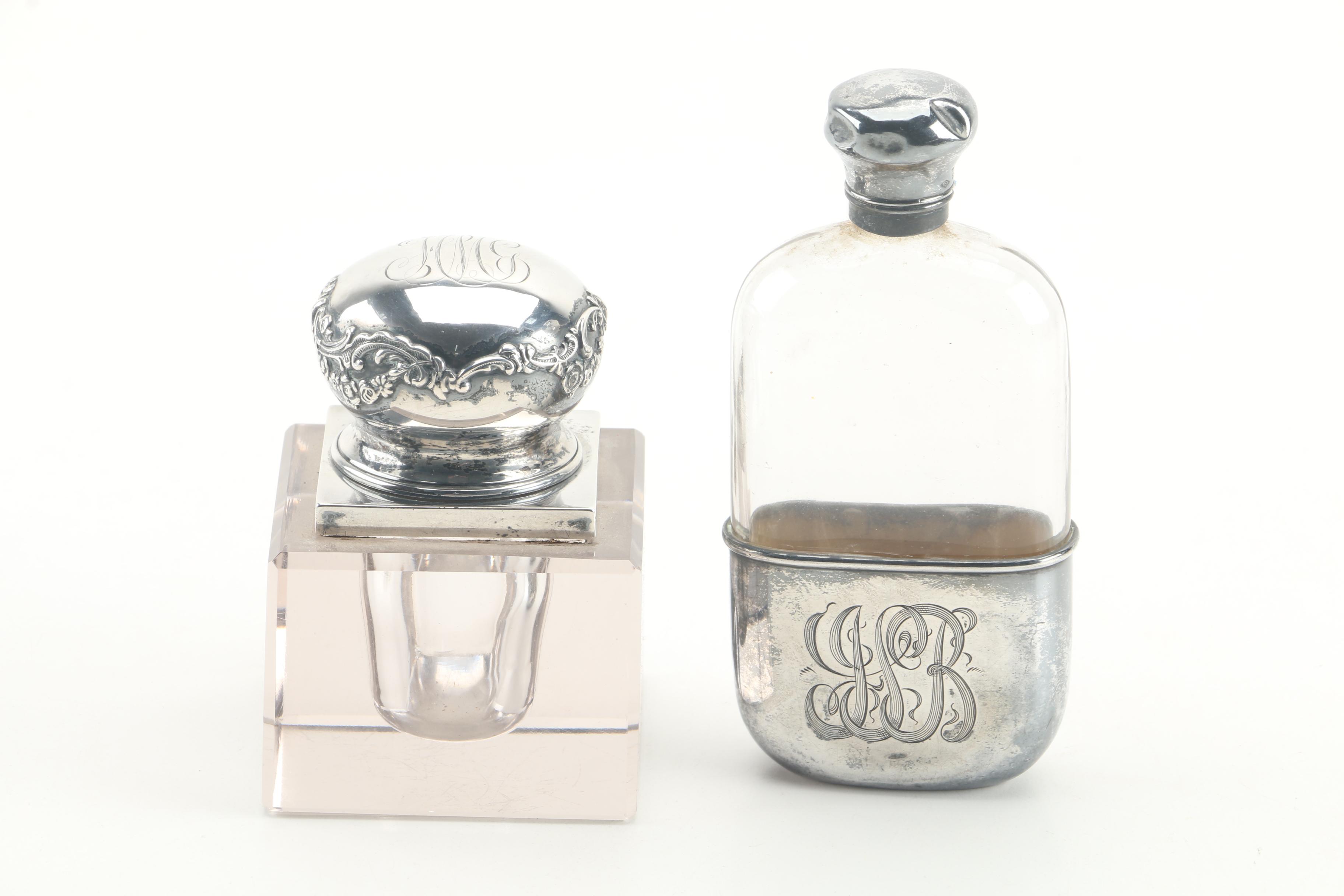 Ferd. Fuchs & Bros. Sterling Silver and Glass Inkwell with Sterling Napkin Rings