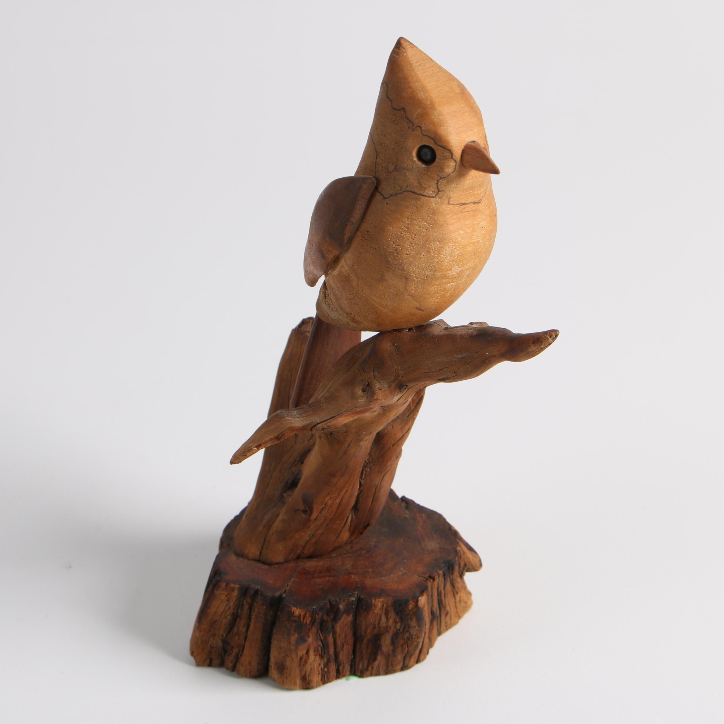 Folk Art Carved Shore Bird and John Nelson Carved Bird on Driftwood Branch